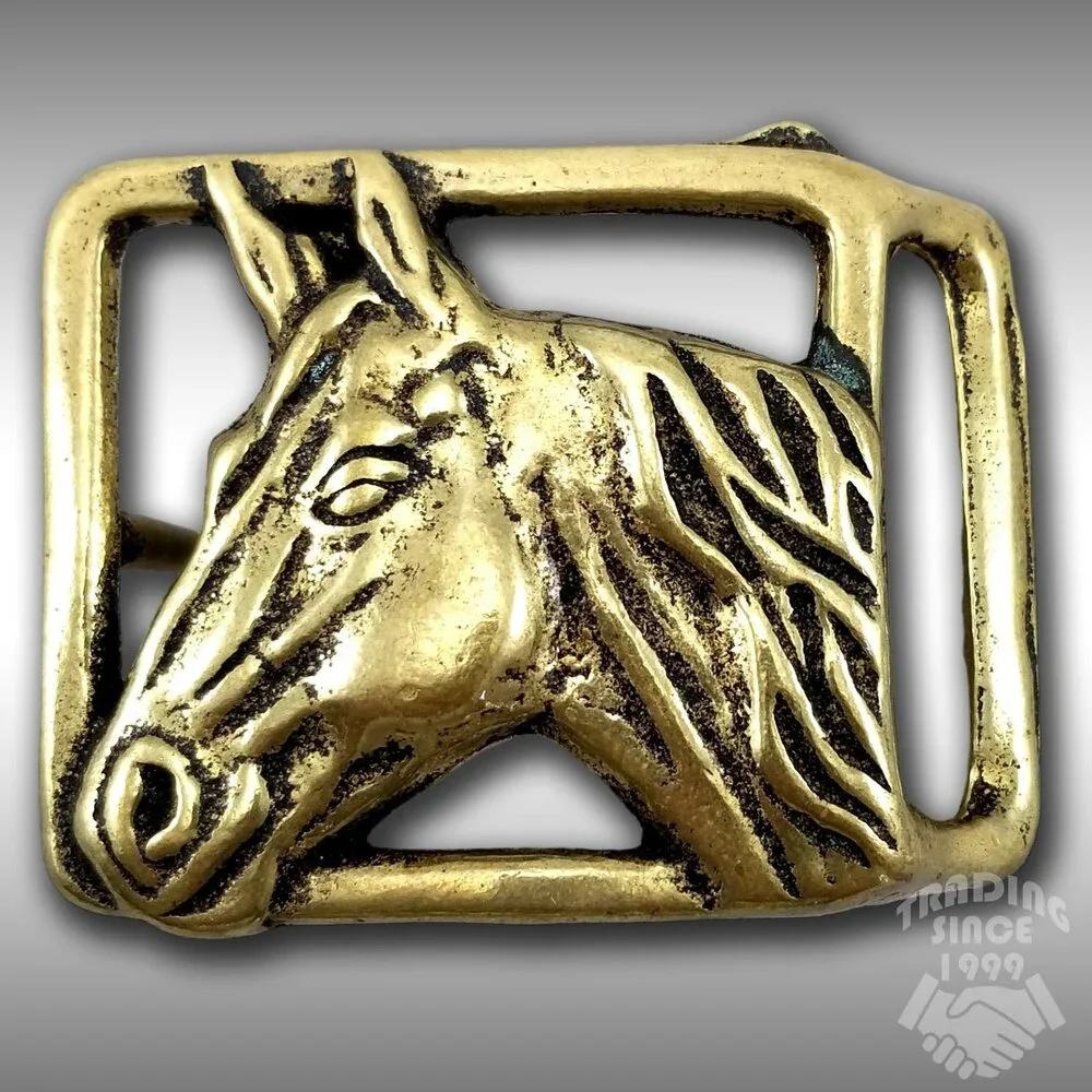 Belt Buckle Solid Brass Horse Head Riding Cowboy Western‎ Gold Color Gift